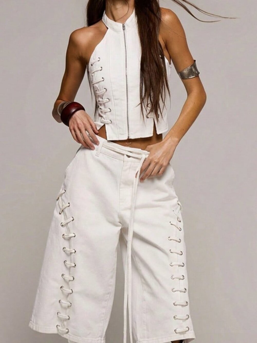 White Casual Women's High Neck Eyelet Lace-Up Fitted Longline Denim Top - Picture 5 of 6